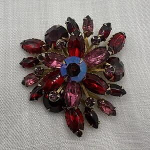 Vintage Rhinestone Brooch Red Pink Navette Flower Starburst Gold Tone